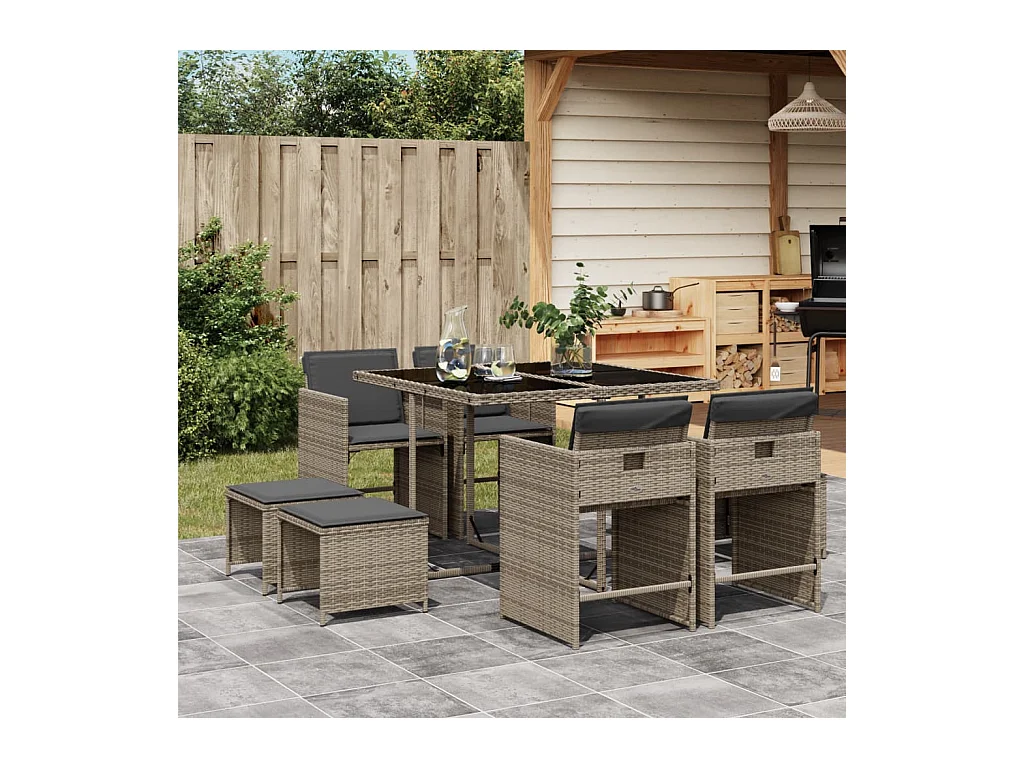 Zenn  Ensemble à manger de jardin 9 pcs coussins gris résine tressée