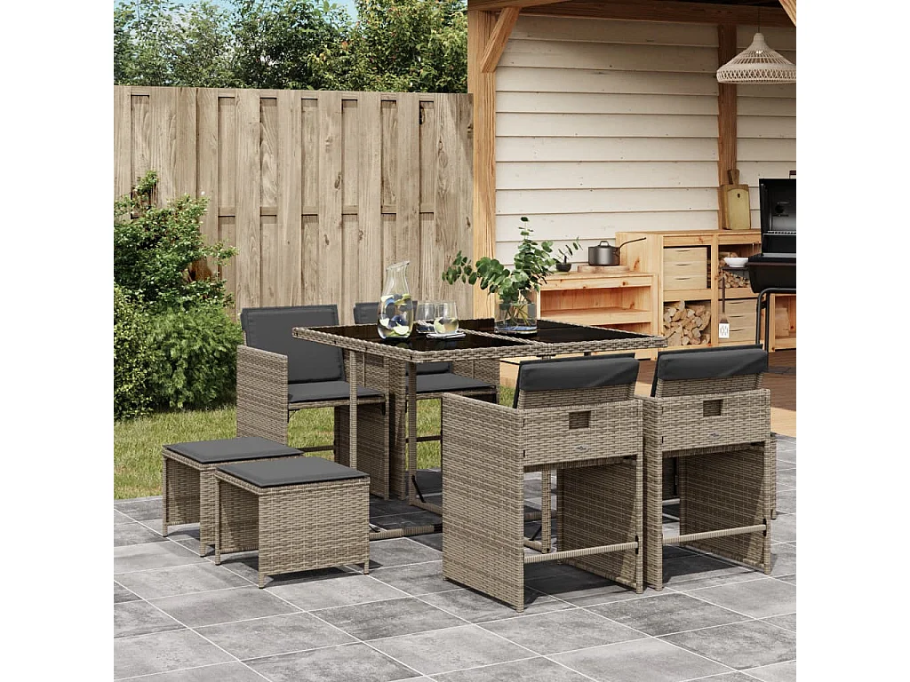 Zenn  Set comedor jardín 9 pzas y cojines ratán sintético gris