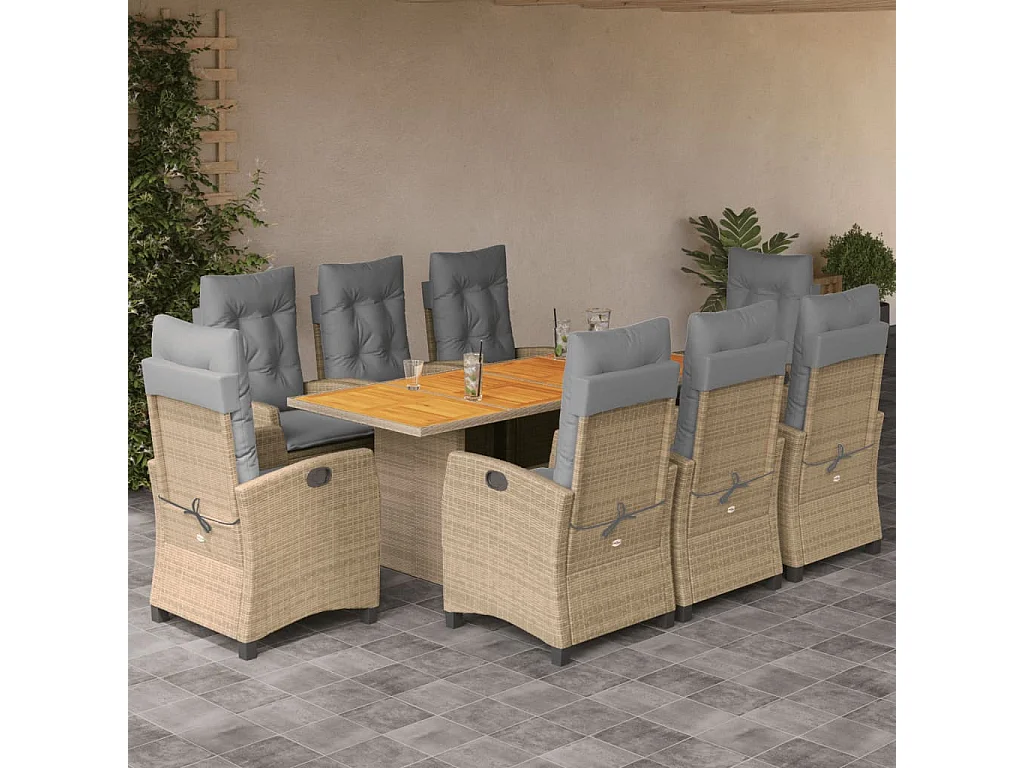 Frances  Set comedor de jardín 9 pzas con cojines ratán sintético beige