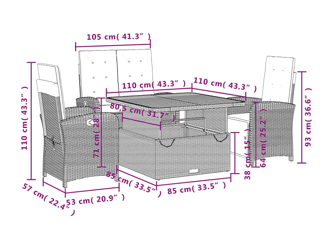 Margot  4-delige Tuinset met kussens poly rattan beige