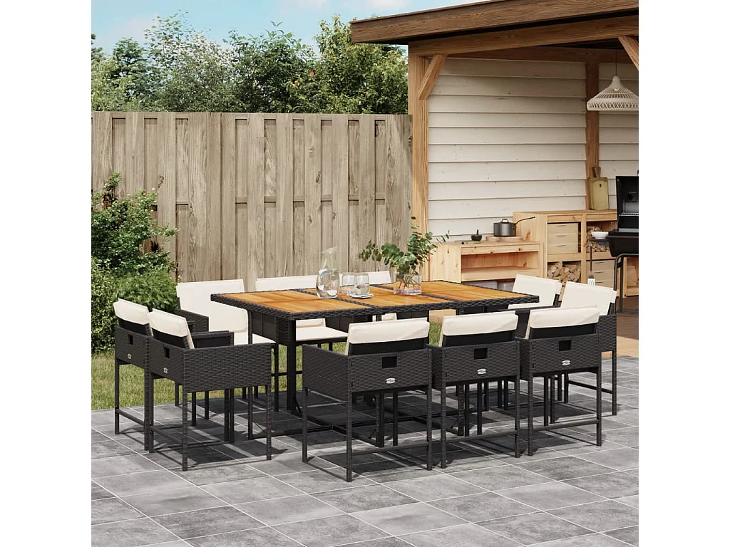 Brienne  Set de comedor jardín 11 pzas con cojines ratán sintético negro