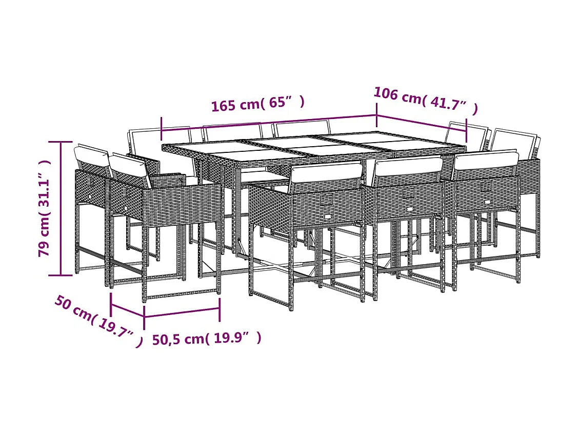 Brienne  Set de comedor jardín 11 pzas con cojines ratán sintético negro
