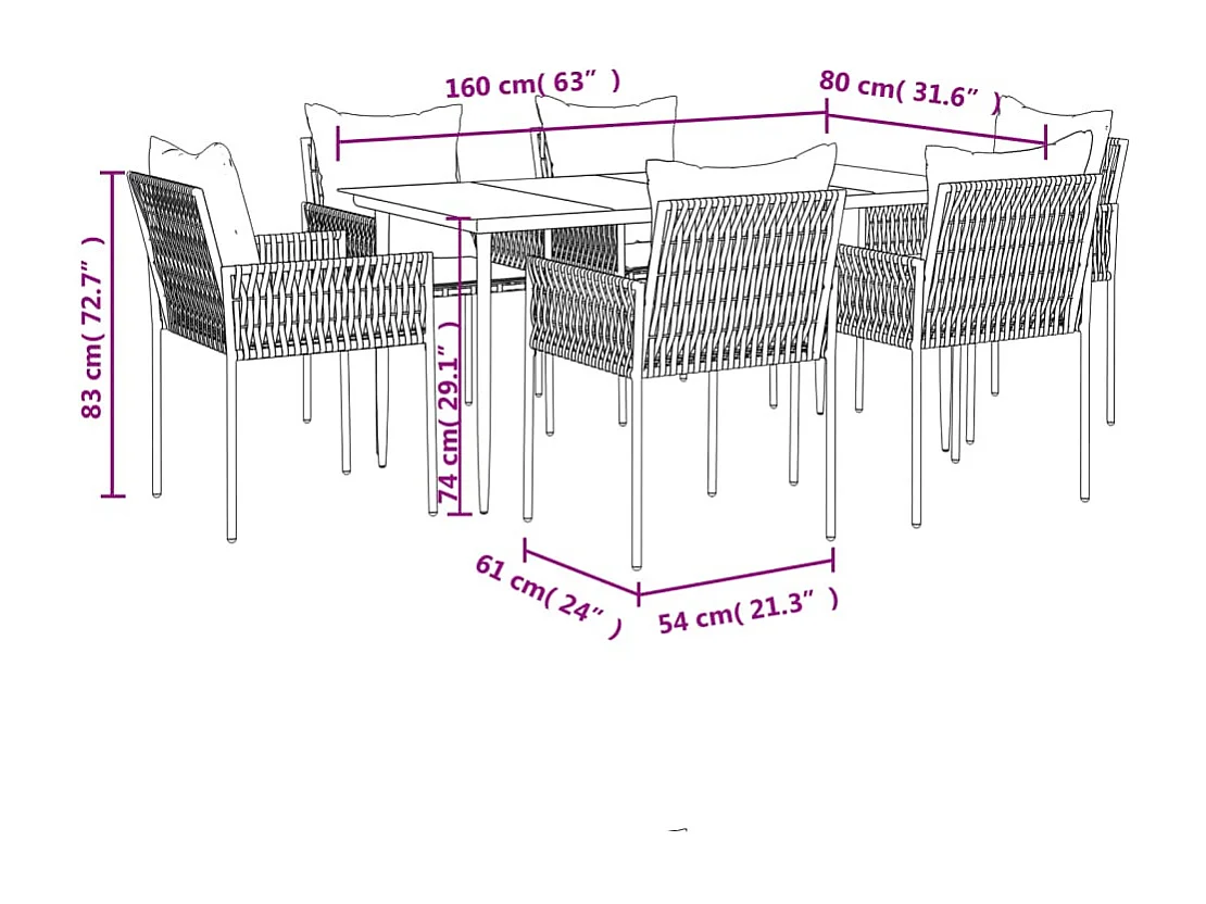 Mørkøv  7-delige Tuinset met kussens poly rattan en staal