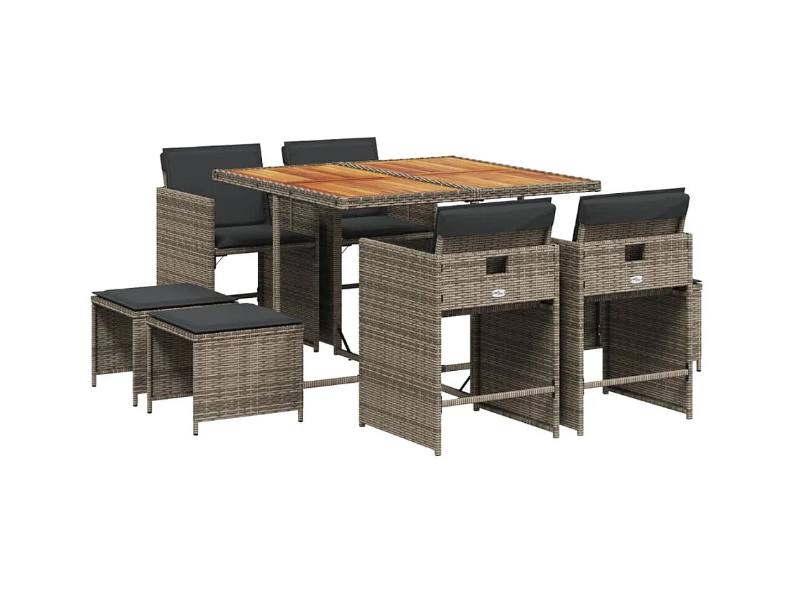 Enfield  Set comedor jardín 9 pzas y cojines ratán sintético gris