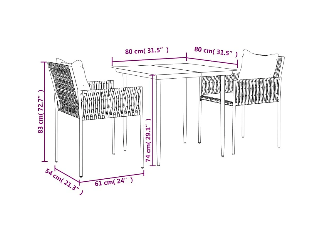 Blen  Ensemble à manger de jardin 3 pcs coussins résine tressée acier