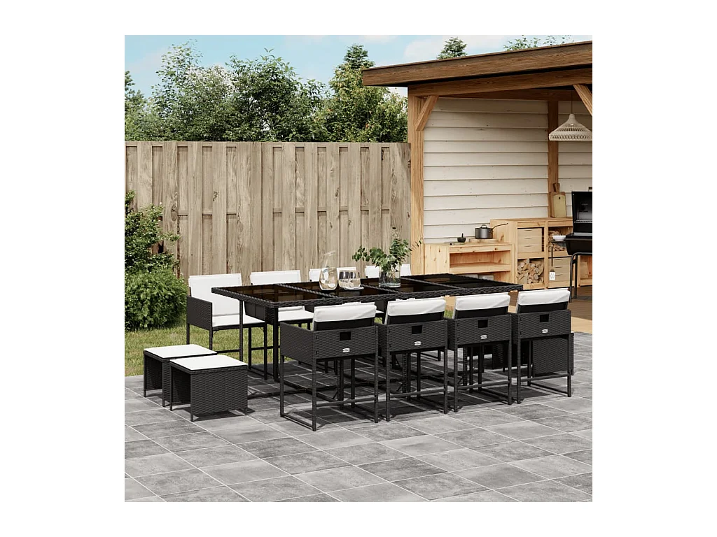 Kirkland  Set comedor de jardín con cojines 13 pzas ratán sintético negro