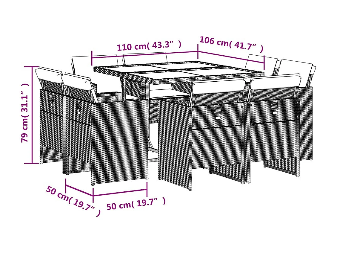 Jeroen  9-delige Tuinset met kussens poly rattan beige