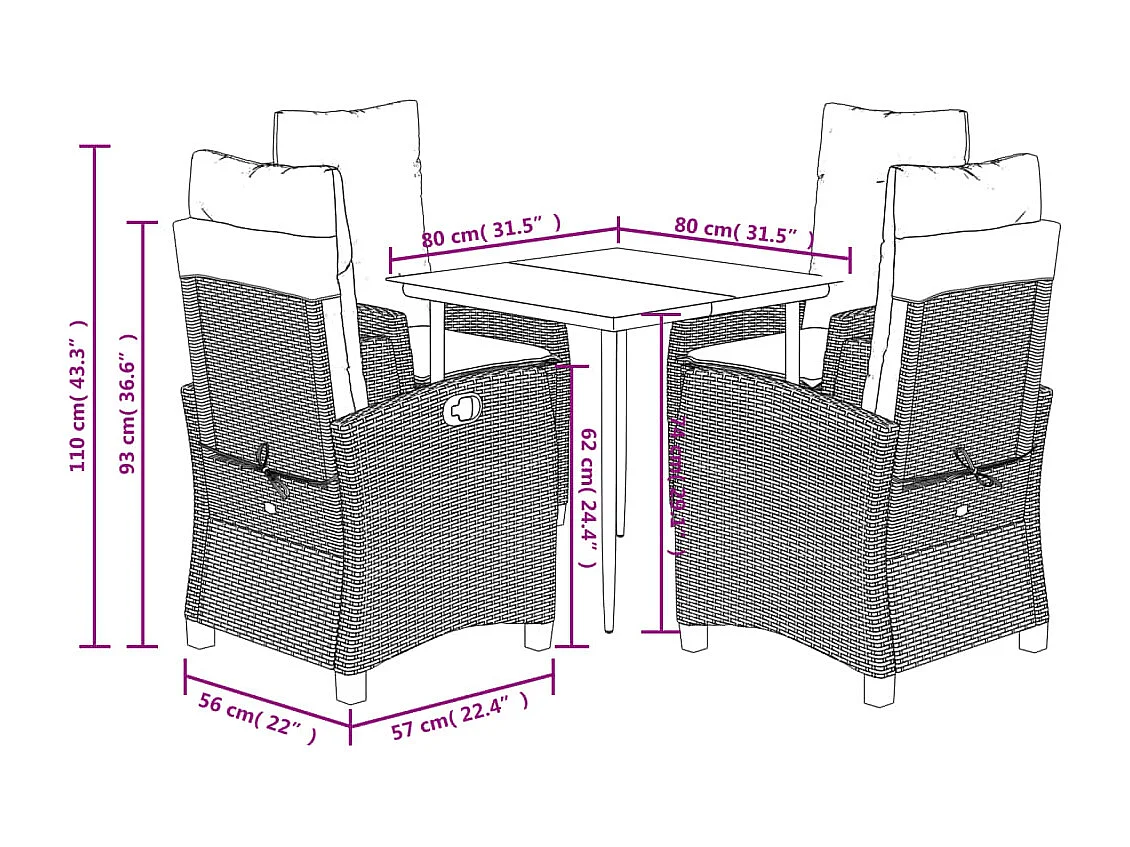 Mauno  Ensemble à manger de jardin 5 pcs et coussins marron poly rotin