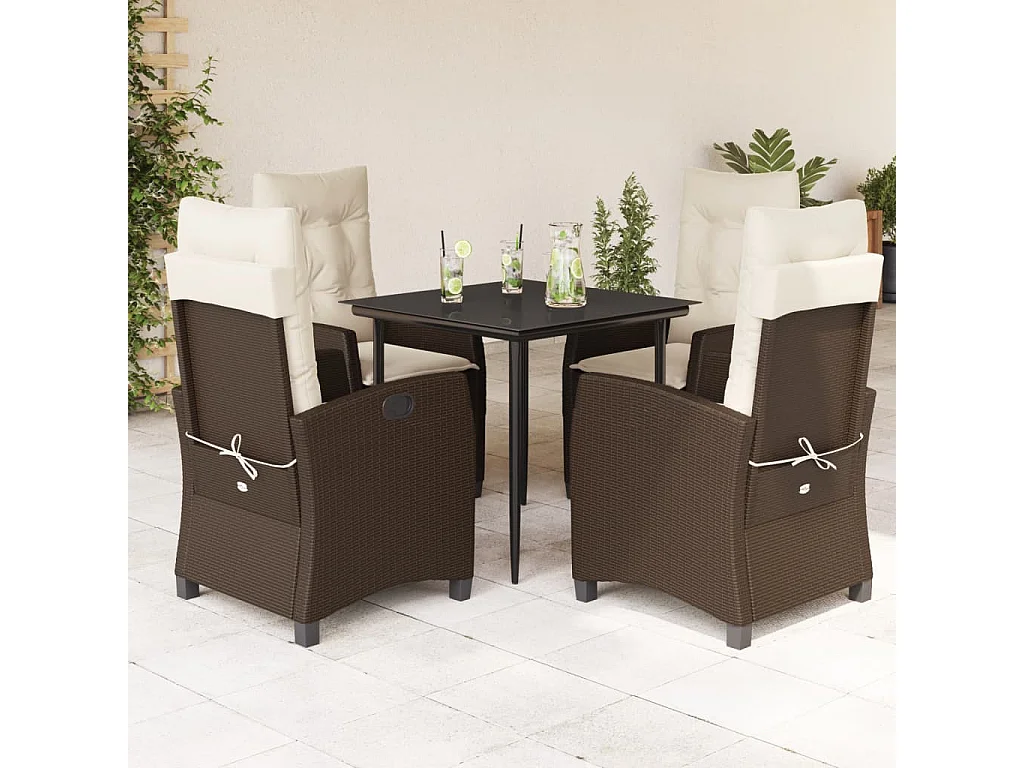 Mauno  Ensemble à manger de jardin 5 pcs et coussins marron poly rotin