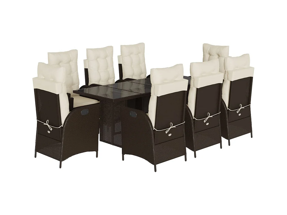 Emory  Set comedor para jardín 9 pzas y cojines ratán sintético marrón