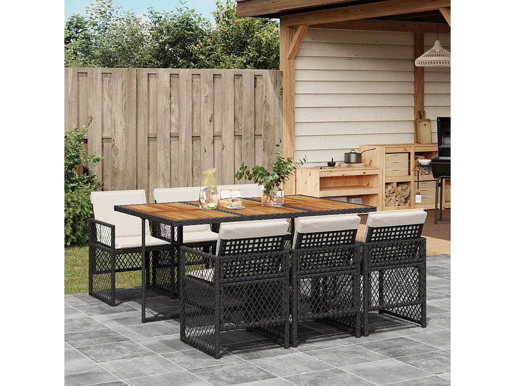 Connersville  Ensemble à manger de jardin coussins 7 pcs noir résine tressée