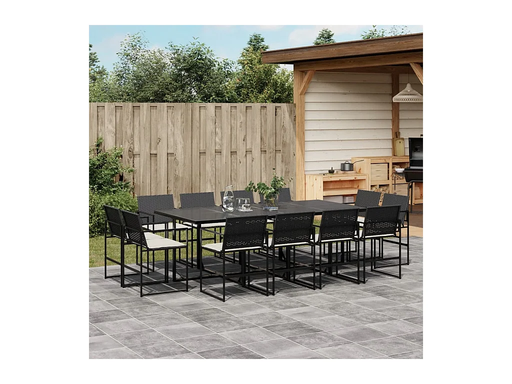 Warren  Ensemble à manger de jardin 13 pcs coussins noir résine tressée