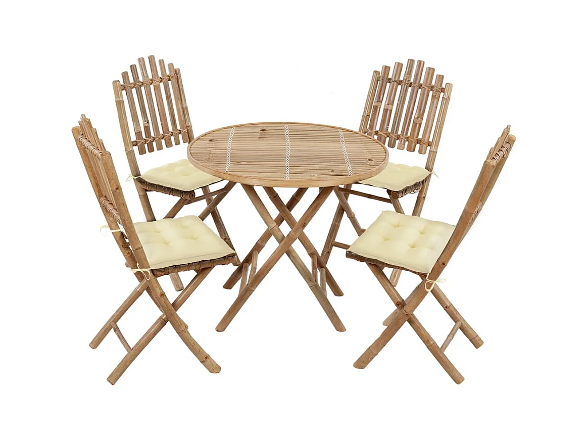 Blaire  Ensemble à manger d'extérieur pliable 5pcs avec coussins Bambou