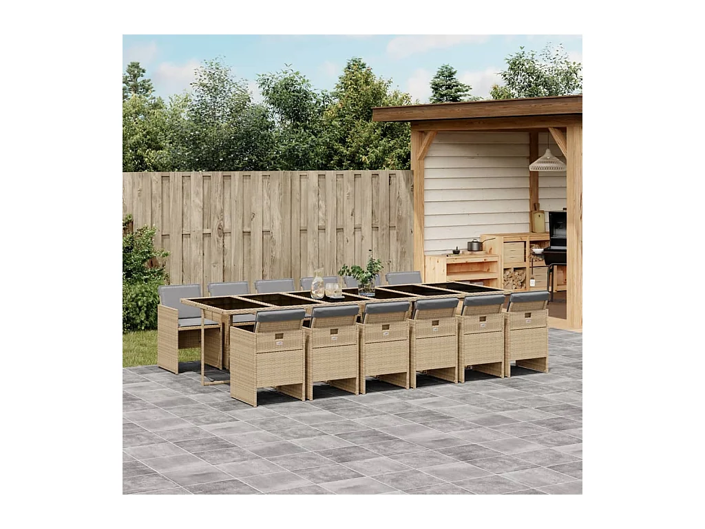 Ljungby  Ensemble à manger de jardin coussins 13 pcs mélange beige rotin