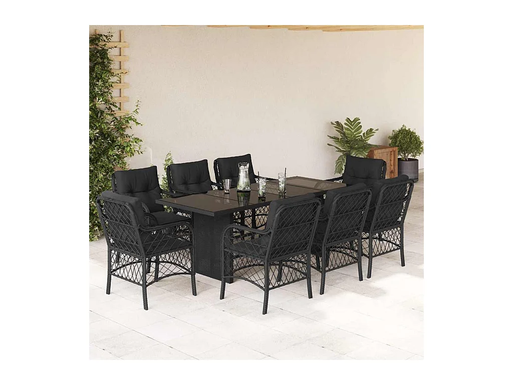 Fort Bragg  Ensemble à manger de jardin 9pcs coussins noir résine tressée