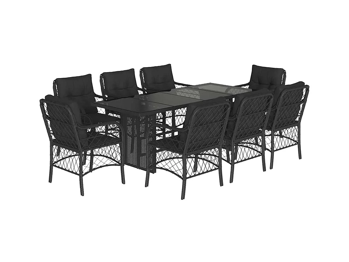 Fort Bragg  Set de comedor de jardín 9 pzas y cojines ratán sintético negro