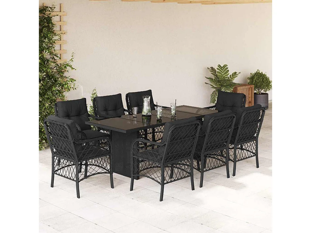 Fort Bragg  Ensemble à manger de jardin 9pcs coussins noir résine tressée