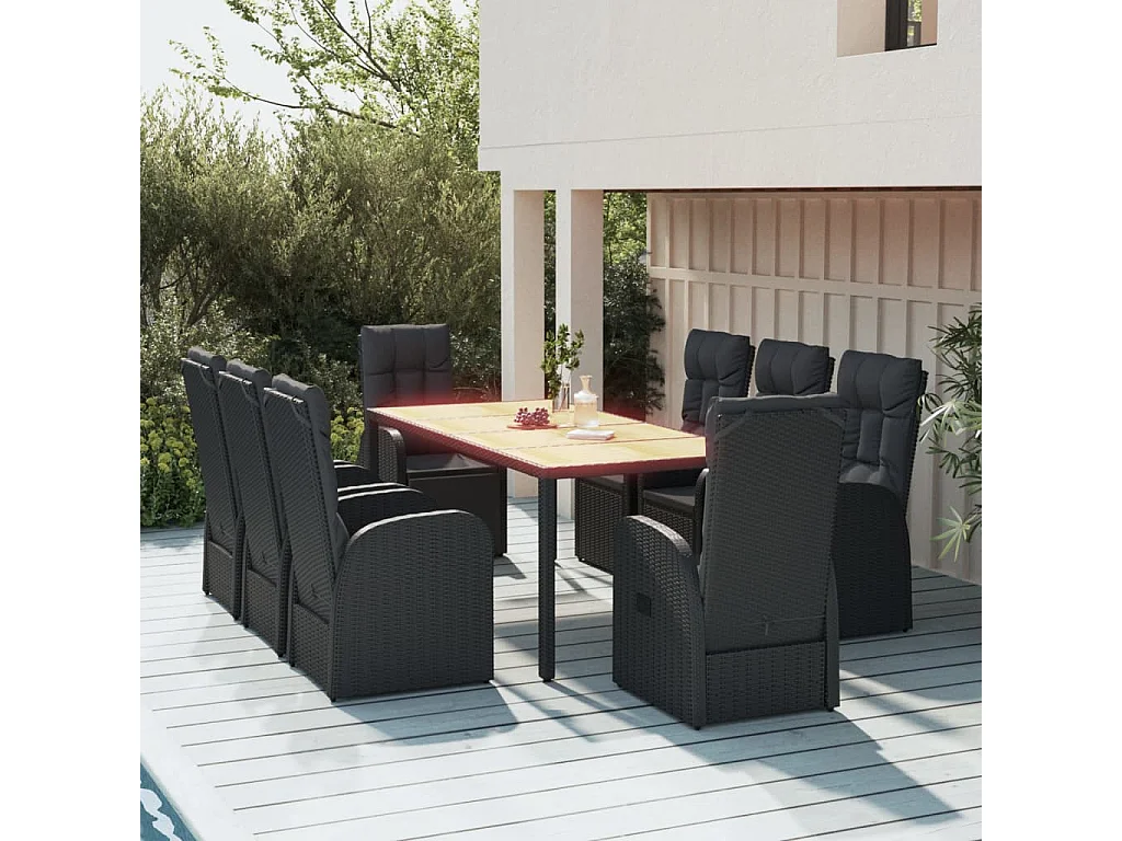 Arvild  Ensemble à manger de jardin 9pcs coussins noir résine tressée