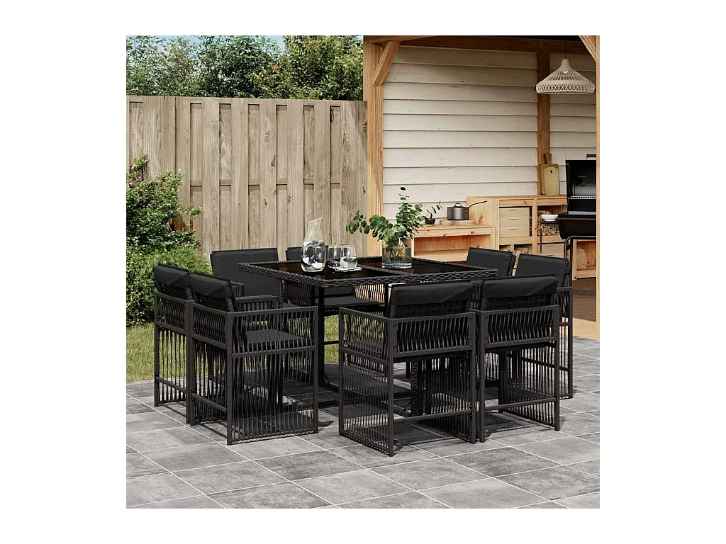 Maart  Ensemble à manger de jardin 9pcs coussins noir résine tressée