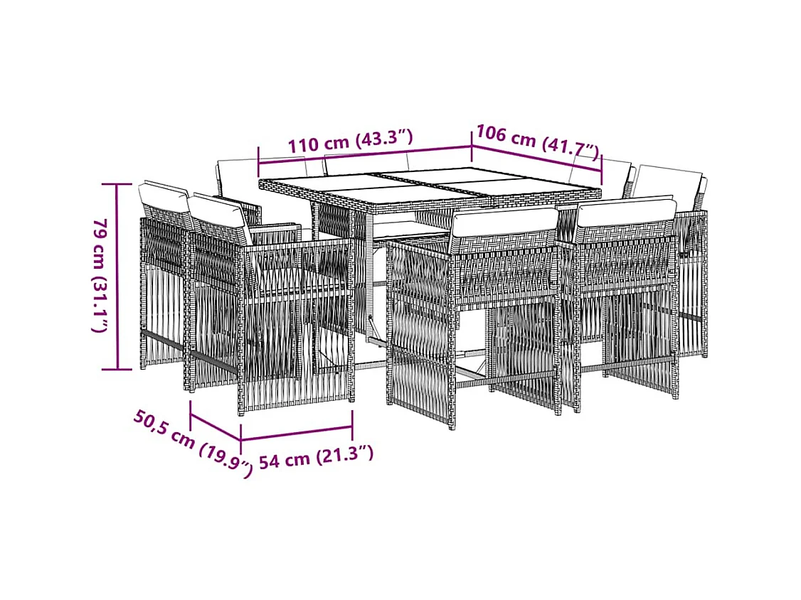 Maart  Ensemble à manger de jardin 9pcs coussins noir résine tressée