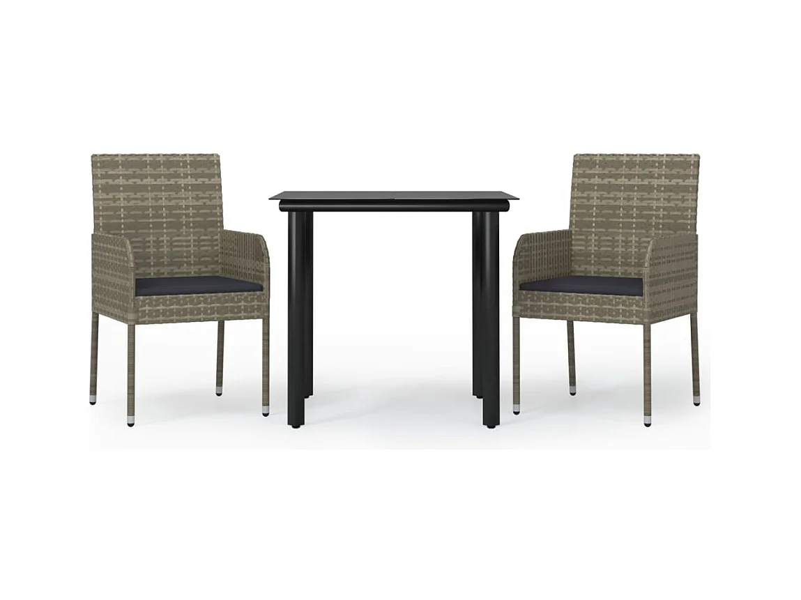 Zyldr  Set comedor jardín 3 pzas y cojines ratán sintético negro gris