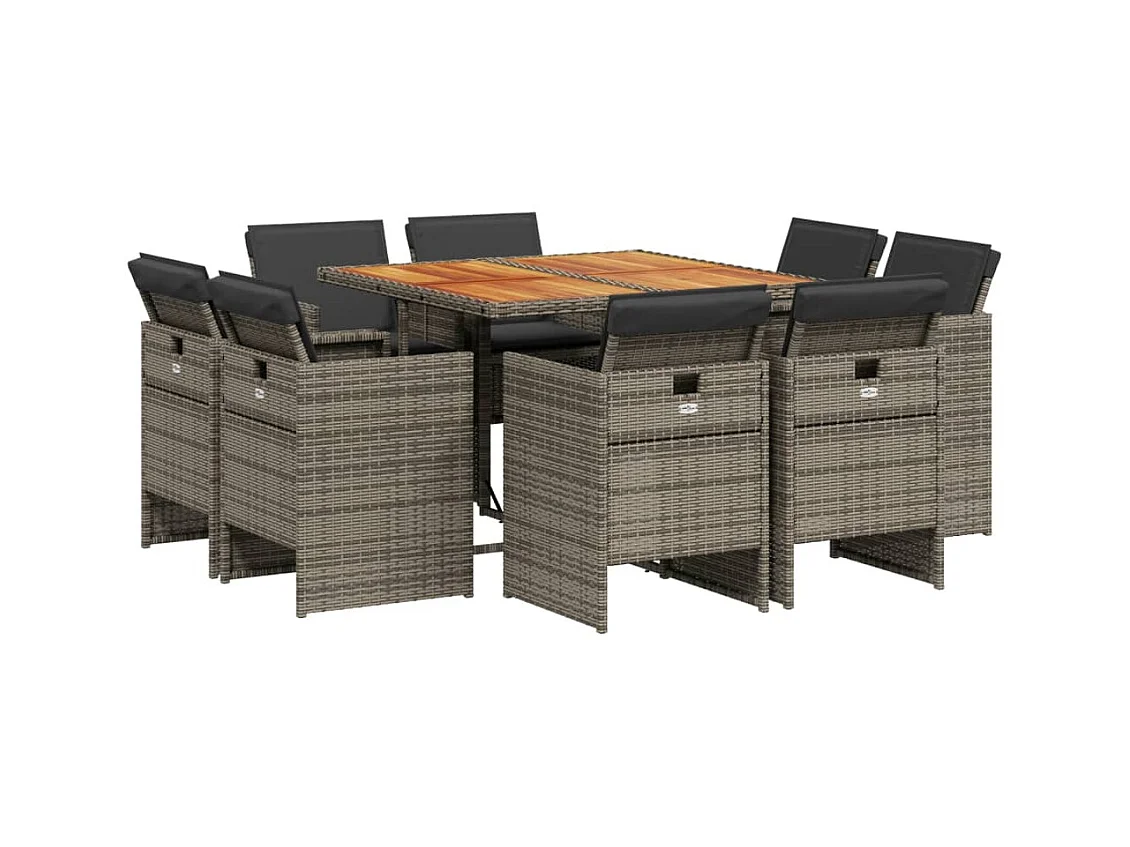 Jeroen  Ensemble à manger de jardin 9 pcs coussins gris résine tressée