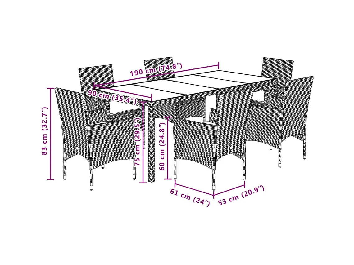 Les Mureaux  Ensemble à manger de jardin et coussins 7 pcs gris rotin acacia