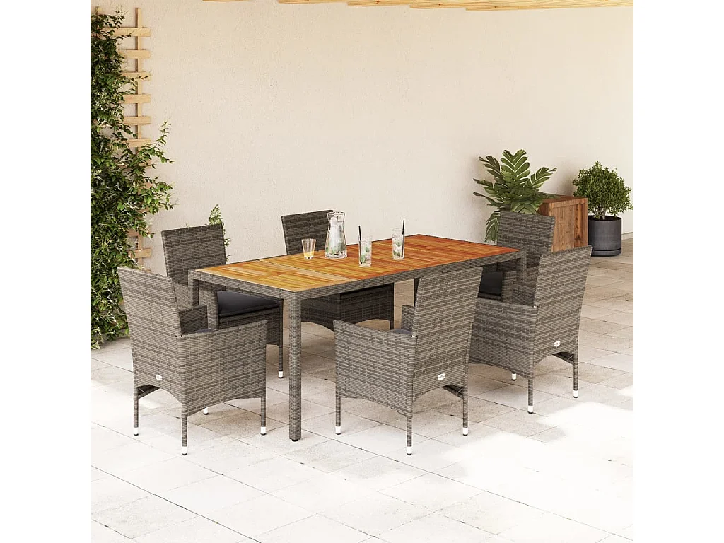 Les Mureaux  7-delige Tuinset met kussens poly rattan en acaciahout grijs