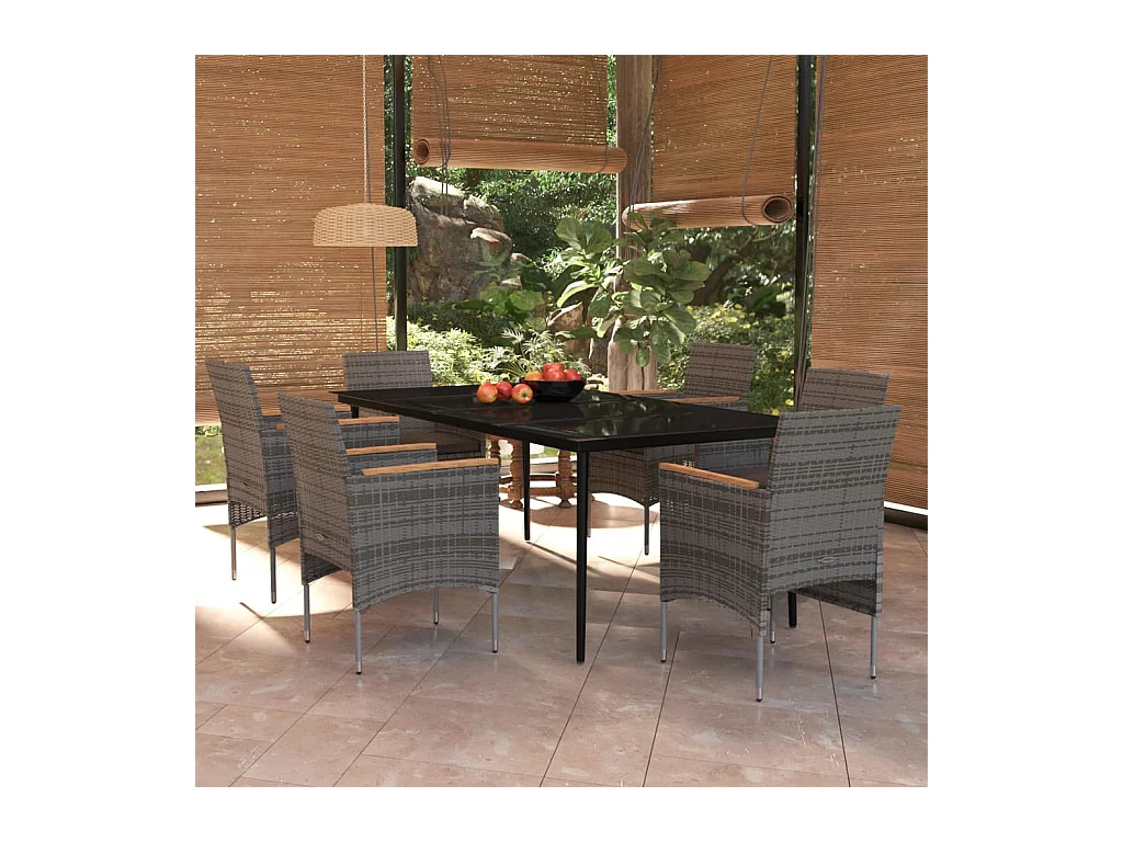 Frynjal  Ensemble à manger de jardin coussins 7pcs Gris et noir