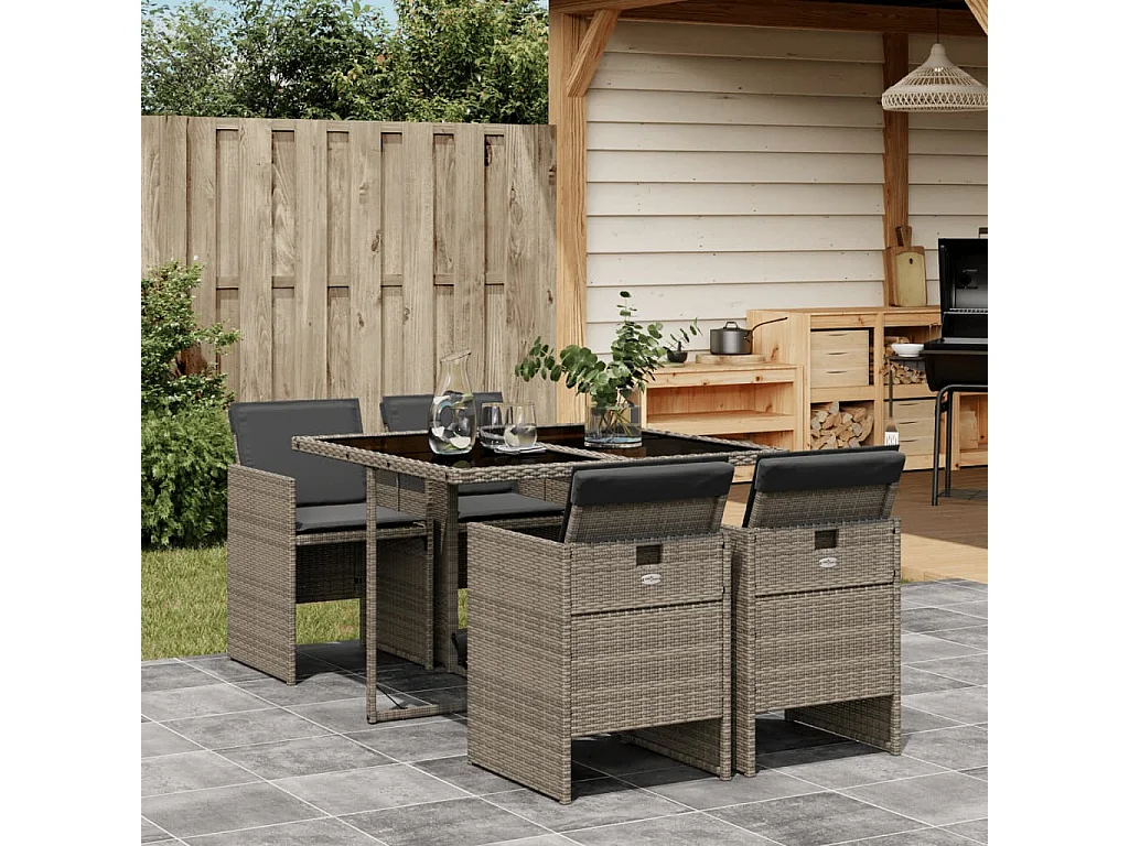 Ljungby  Ensemble à manger de jardin 5 pcs coussins gris résine tressée