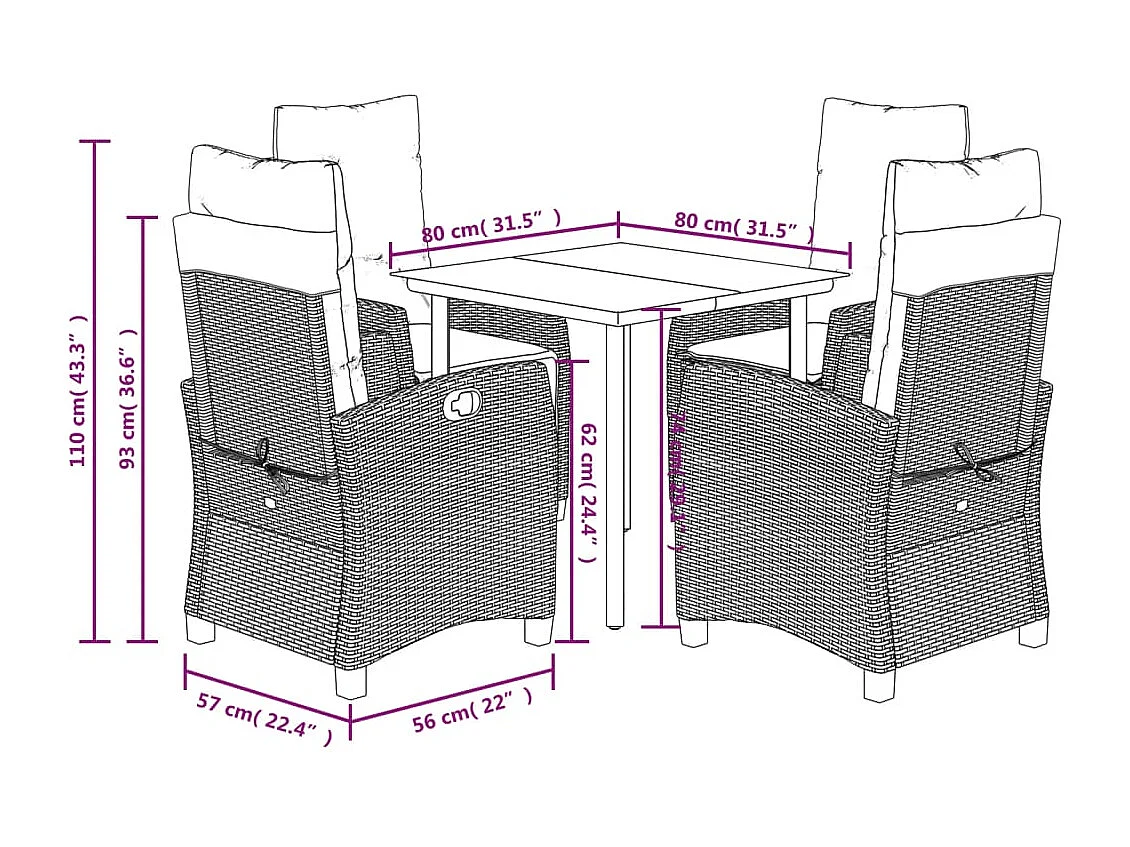 Wendral  Ensemble à manger de jardin 5 pcs coussins gris résine tressée