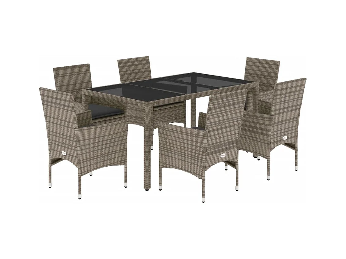 Stafford Springs  Ensemble à manger de jardin et coussins 7 pcs gris rotin verre