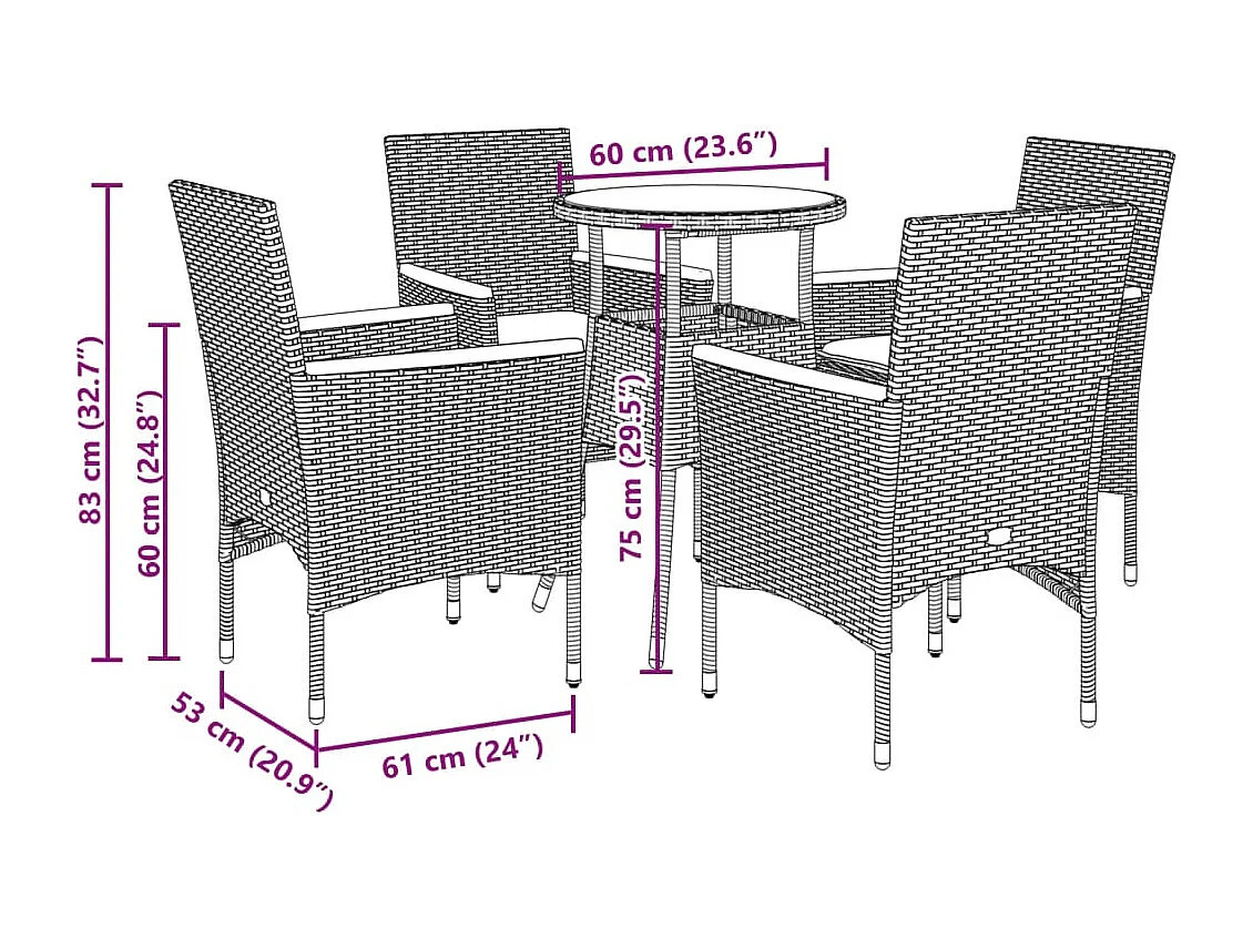 Eudes  5-delige Tuinset met kussens poly rattan en glas beige