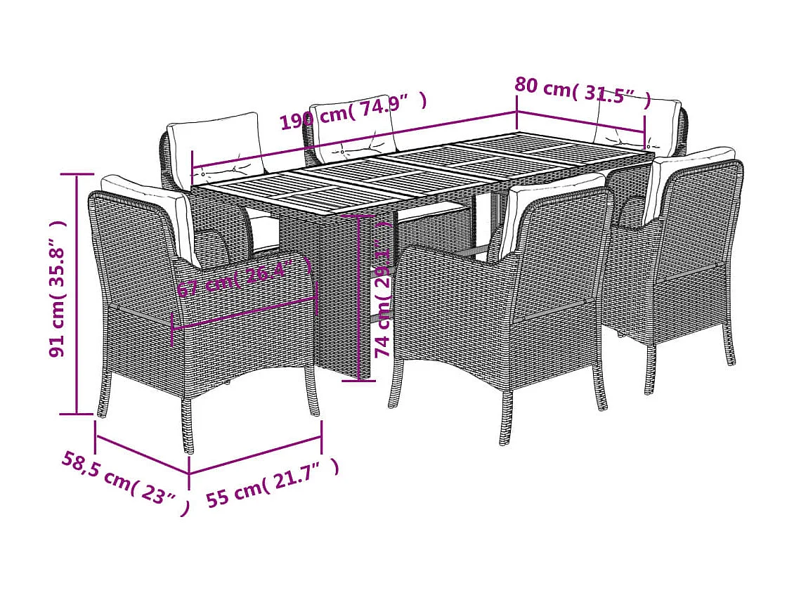 Karlyn  7-delige Tuinset met kussens poly rattan zwart