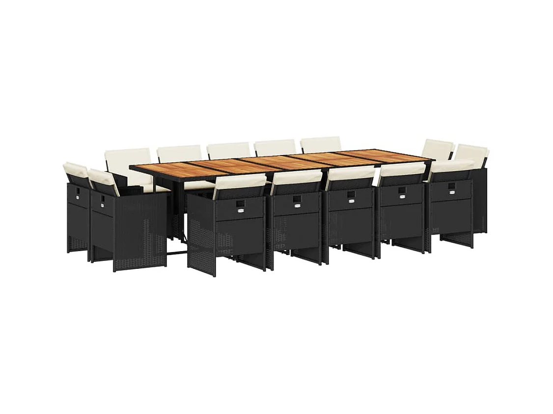 Jeroen  Set comedor de jardín con cojines 15 pzas ratán sintético negro