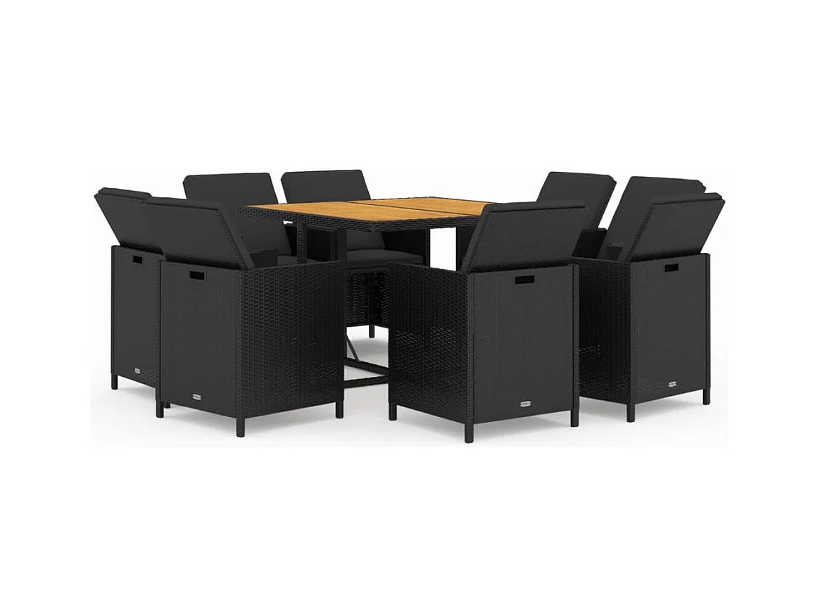 Hugo  Set de comedor de jardín 9 pzas y cojines ratán sintético negro