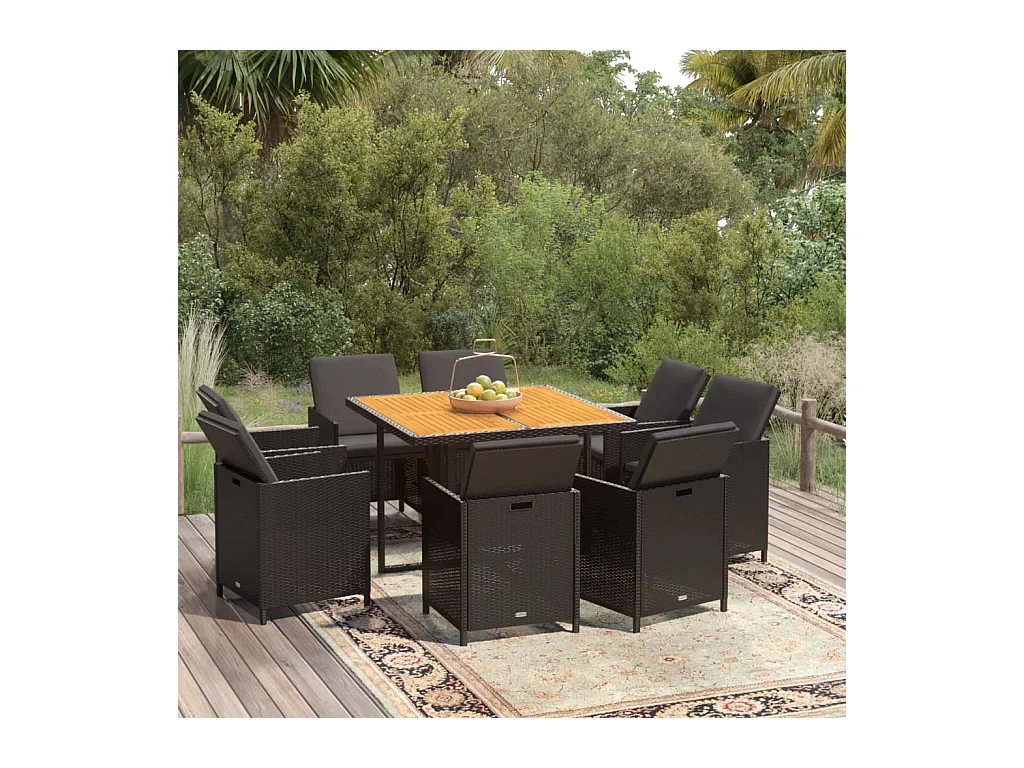 Hugo  Set de comedor de jardín 9 pzas y cojines ratán sintético negro