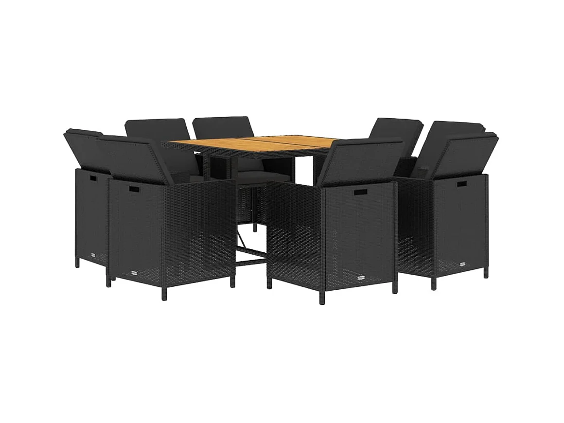 Hugo  Set de comedor de jardín 9 pzas y cojines ratán sintético negro