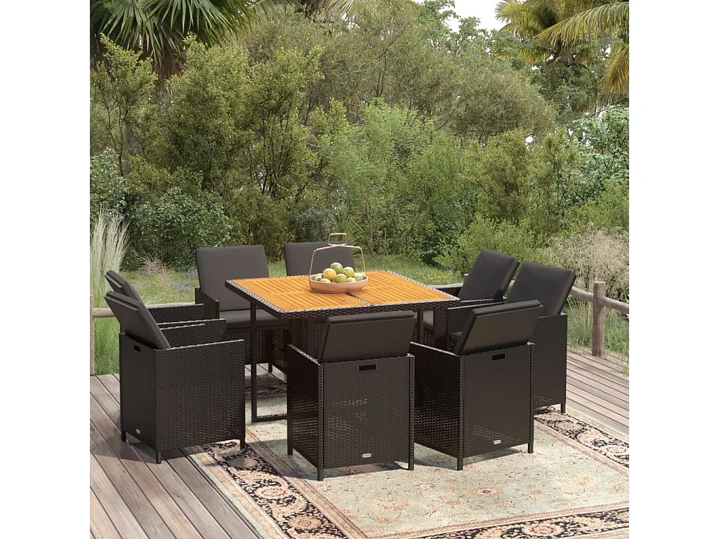 Hugo  Ensemble à manger de jardin coussins 9pcs Résine tressée Noir