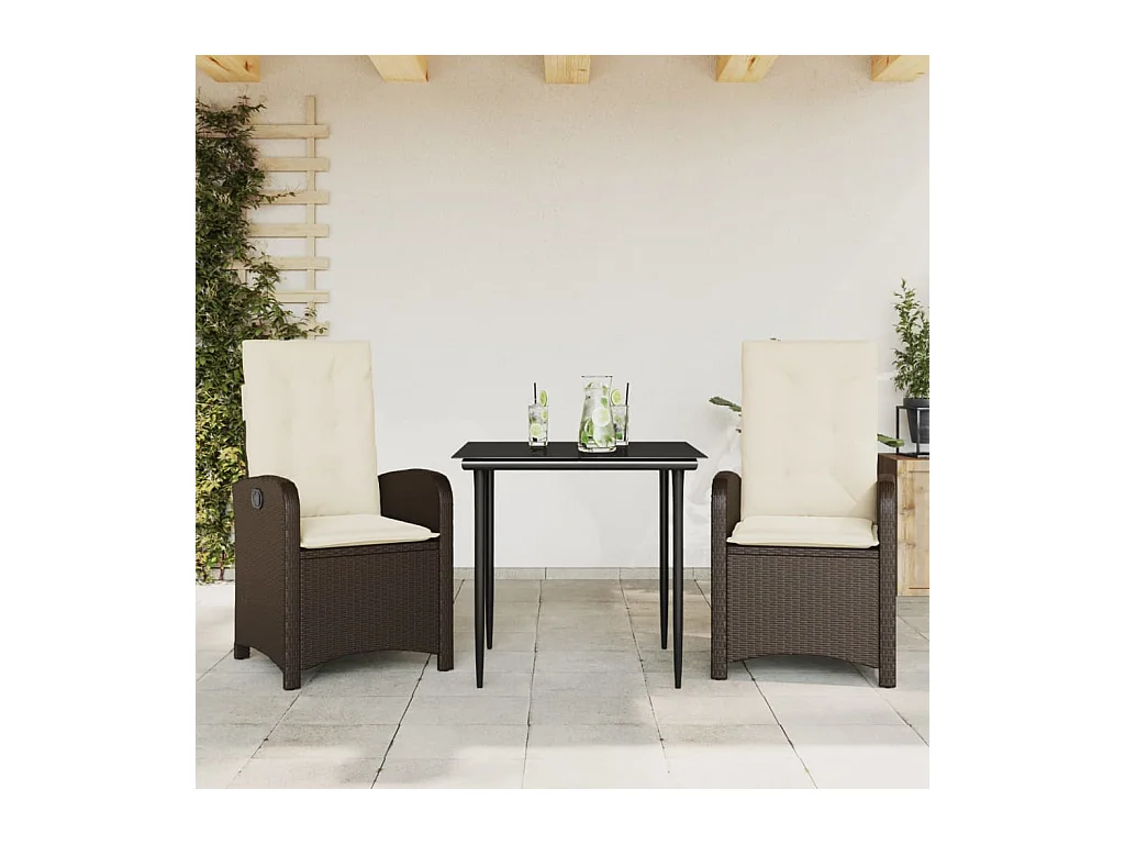Foothill Farms  Ensemble à manger de jardin 3 pcs et coussins marron poly rotin