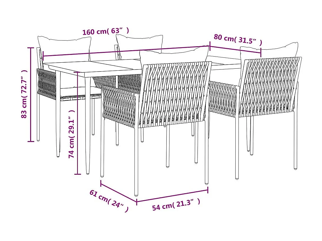 Mørkøv  5-delige Tuinset met kussens poly rattan en staal