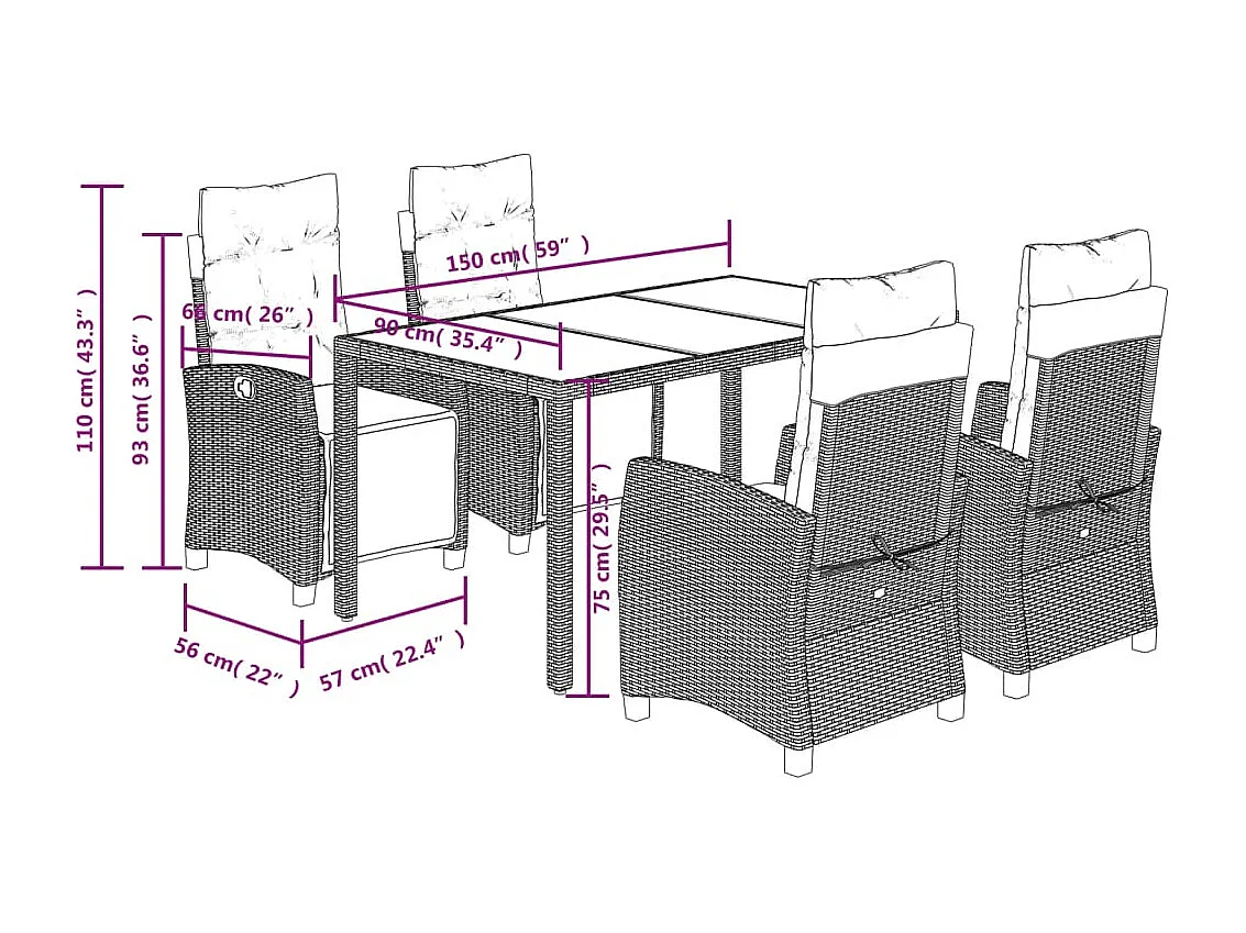 Vrikja  5-delige Tuinset met kussens poly rattan zwart