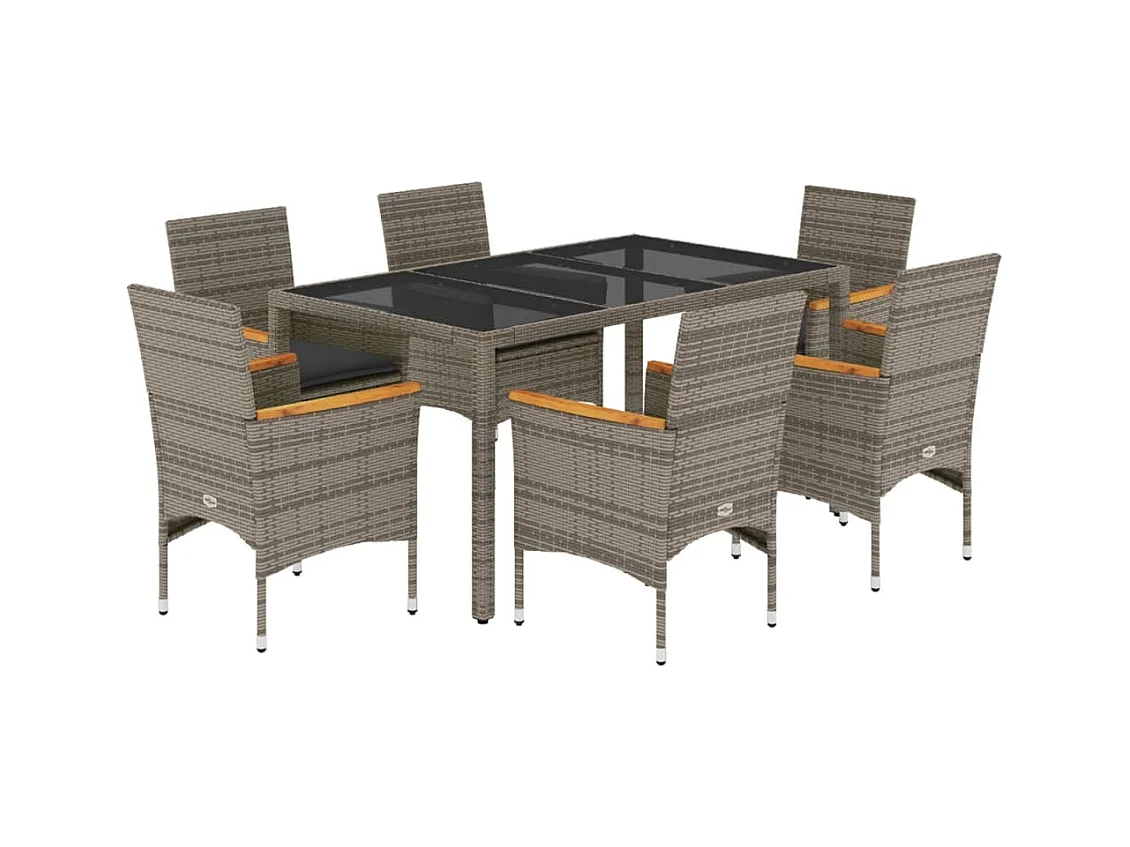 Bakersfield  Ensemble à manger de jardin et coussins 7 pcs gris rotin verre