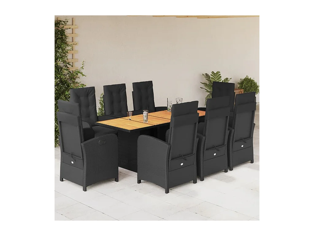 Thomian  Ensemble à manger de jardin 9pcs coussins noir résine tressée