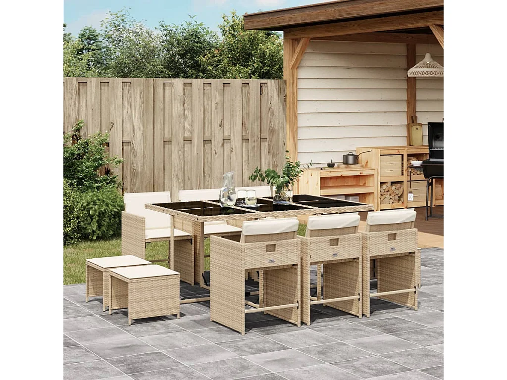 Zenn  Ensemble à manger de jardin et coussins 11 pcs beige poly rotin
