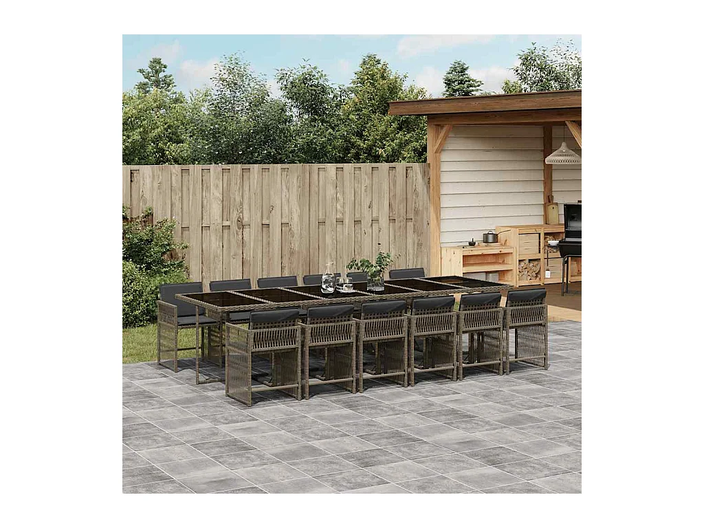 Jeffersontown  Set comedor de jardín con cojines 13 pzas ratán sintético gris