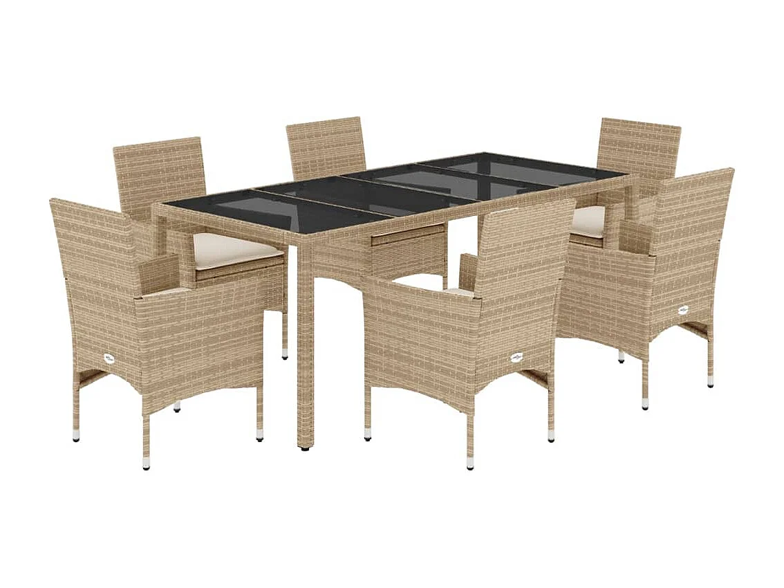 Stafford Springs  Ensemble à manger de jardin et coussins 7 pcs beige rotin verre