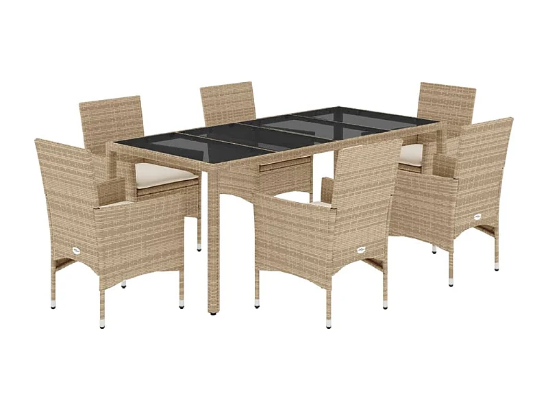 Stafford Springs  Ensemble à manger de jardin et coussins 7 pcs beige rotin verre