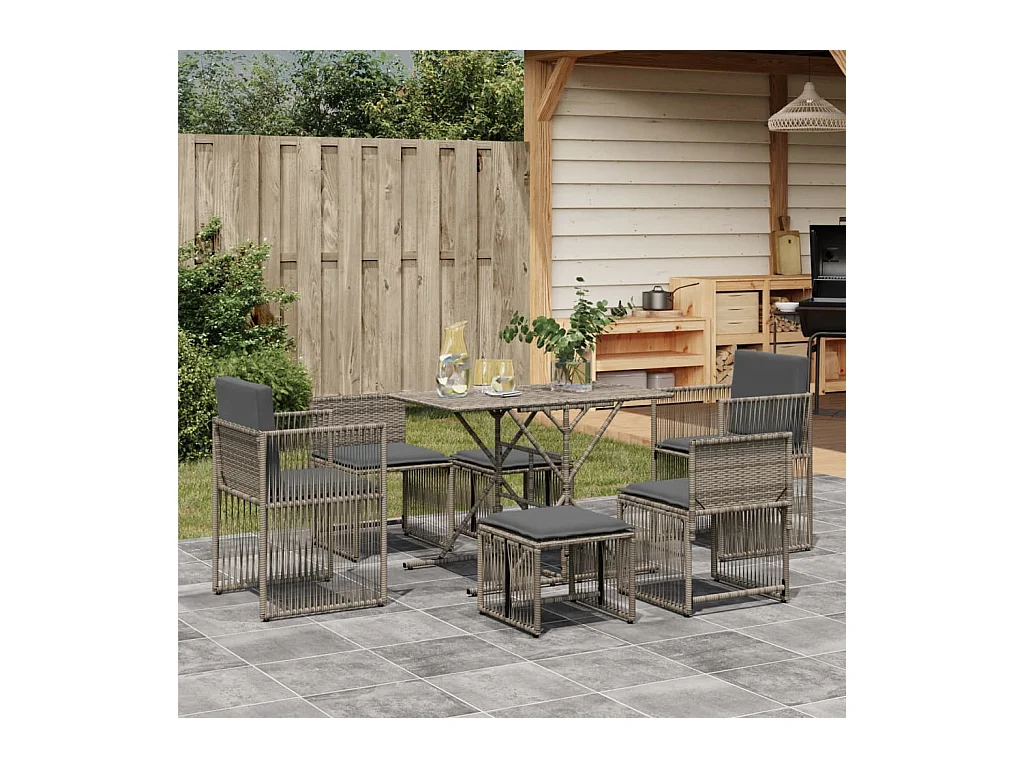Cille  Ensemble à manger de jardin et coussins 7 pcs gris rotin