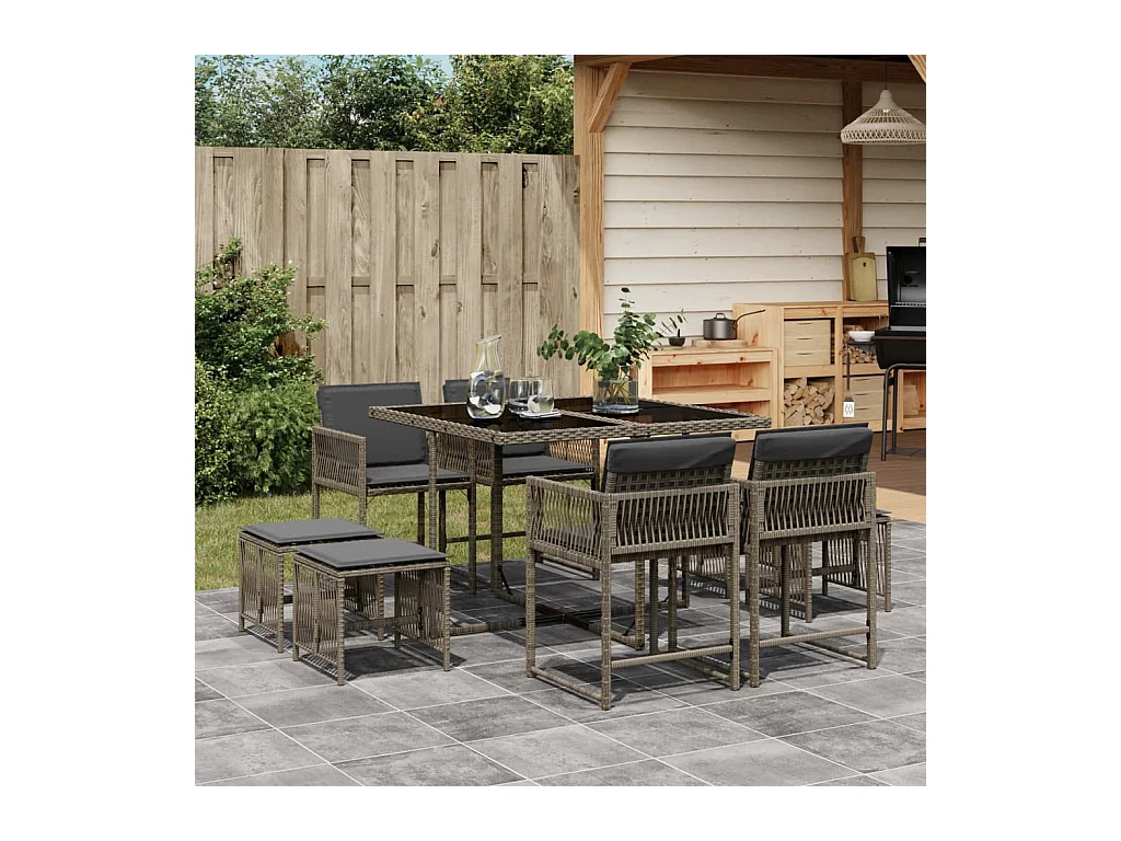 Xeli  Ensemble à manger de jardin 9 pcs coussins gris résine tressée